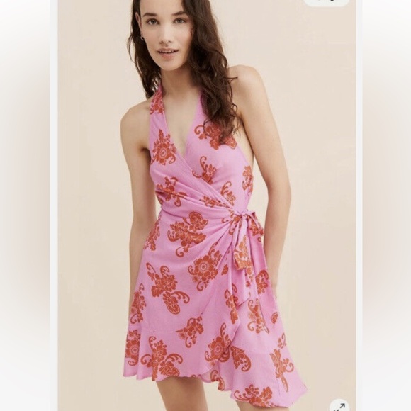 Anthropologie Dresses & Skirts - By Anthropologie Pink Floral Halter Tie Neck Wrap Sleeveless Sun Dress Vacation